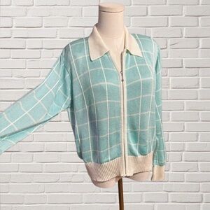 FIA Italia Aqua Check Zip Front Cardigan Shoulder Pads Vintage Boxy Sweater